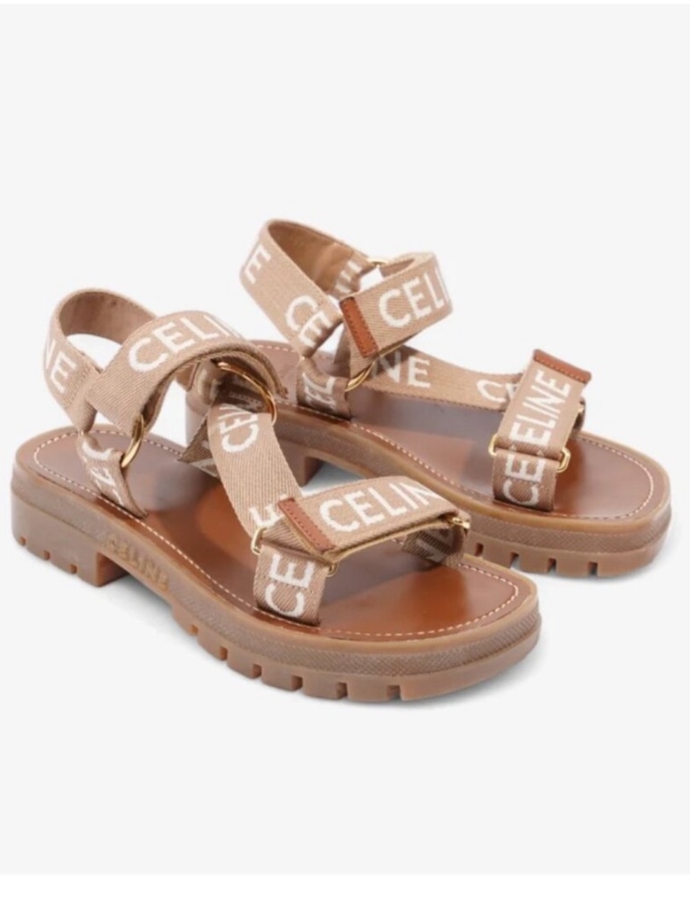 Celine Brown & Taupe Logo Strap Sandals
